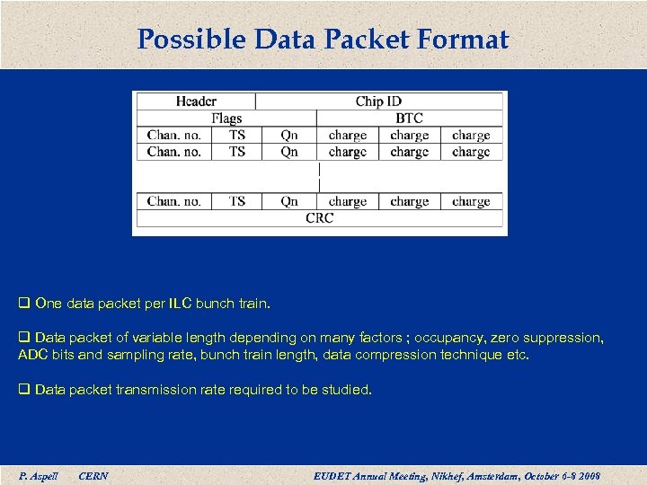Possible Data Packet Format q One data packet per ILC bunch train. q Data