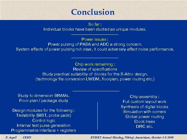 Conclusion So far : Individual blocks have been studied as unique modules. Power issues