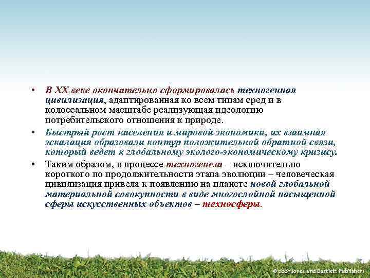  • В XX веке окончательно сформировалась техногенная цивилизация, адаптированная ко всем типам сред