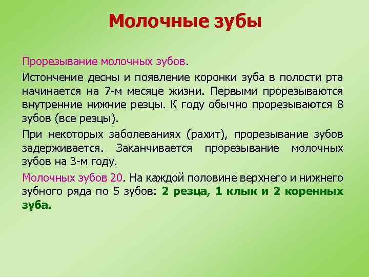 Молочные зубы Прорезывание молочных зубов. Истончение десны и появление коронки зуба в полости рта