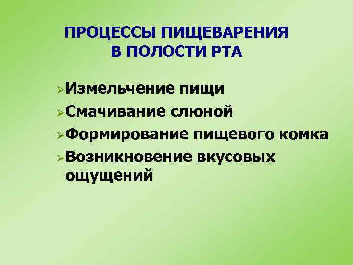 ПРОЦЕССЫ ПИЩЕВАРЕНИЯ В ПОЛОСТИ РТА Ø Измельчение пищи Ø Смачивание слюной Ø Формирование пищевого