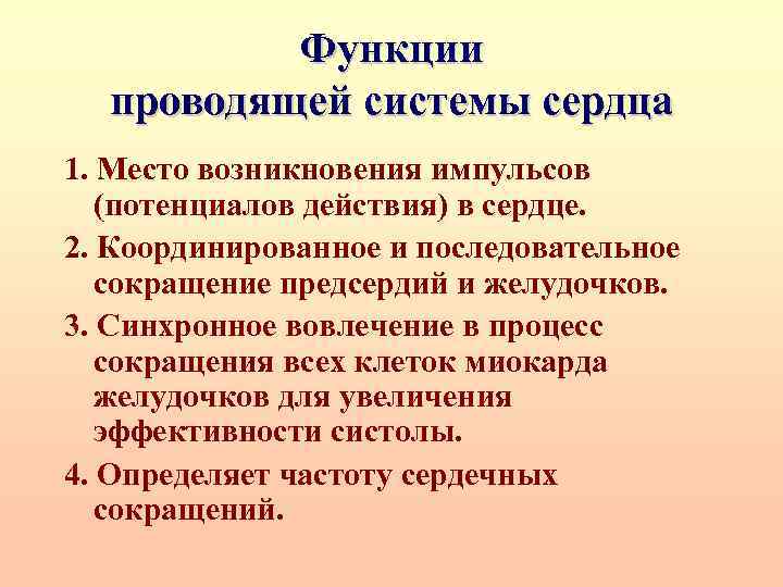 Функции проводящей системы сердца 1. Место возникновения импульсов (потенциалов действия) в сердце. 2. Координированное