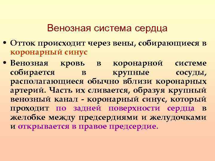 Венозная система сердца • Отток происходит через вены, собирающиеся в коронарный синуc • Венозная