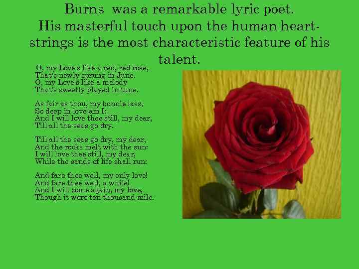 Burns was a remarkable lyric poet. His masterful touch upon the human heartstrings is