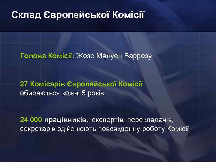 Склад Європейської Комісії Голова Комісії: Жозе Мануел Баррозу 27 Комісарів Європейської Комісії обираються кожні