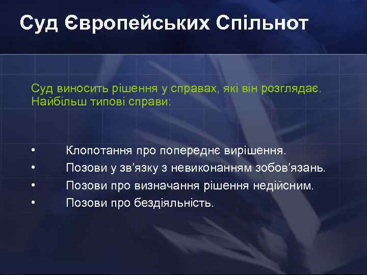 Суд Європейських Спільнот Суд виносить рішення у справах, які він розглядає. Найбільш типові справи: