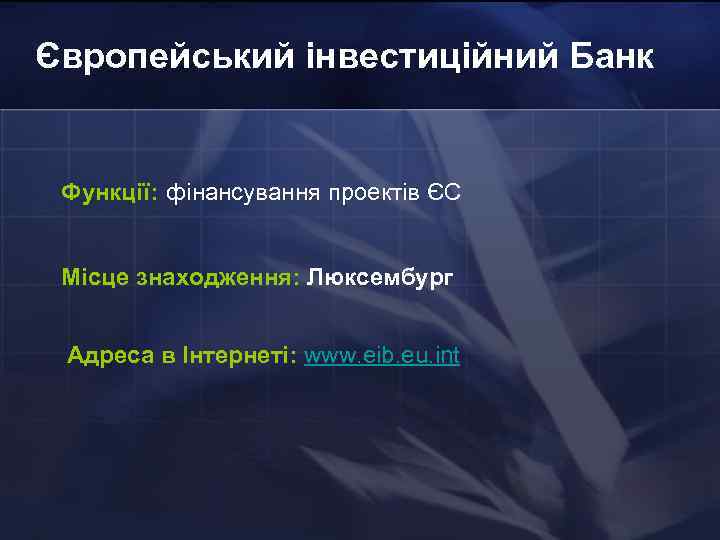 Європейський інвестиційний Банк Функції: фінансування проектів ЄС Місце знаходження: Люксембург Адреса в Інтернеті: www.