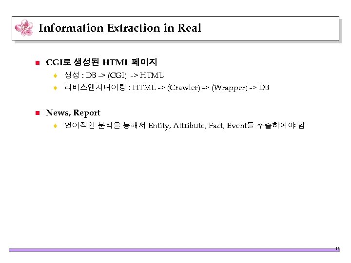 Information Extraction in Real n CGI로 생성된 HTML 페이지 t t n 생성 :
