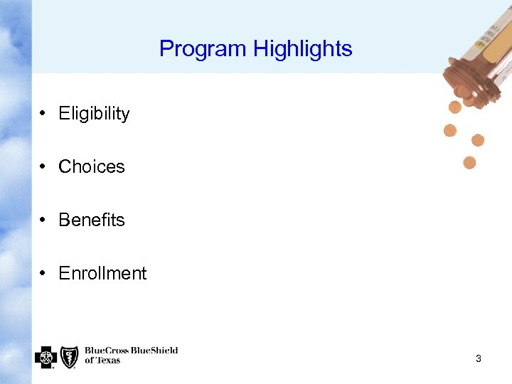 Program Highlights • Eligibility • Choices • Benefits • Enrollment 3 
