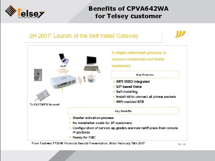 Benefits of CPVA 642 WA for Telsey customer From Fastweb FY 2006 Financial Results
