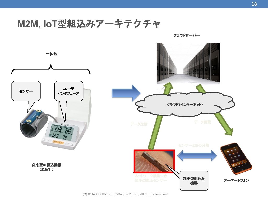 13 M 2 M, Io. T型組込みアーキテクチャ クラウドサーバー 一体化 センサー ユーザ インタフェース クラウド（インターネット） データ送信 データ閲覧