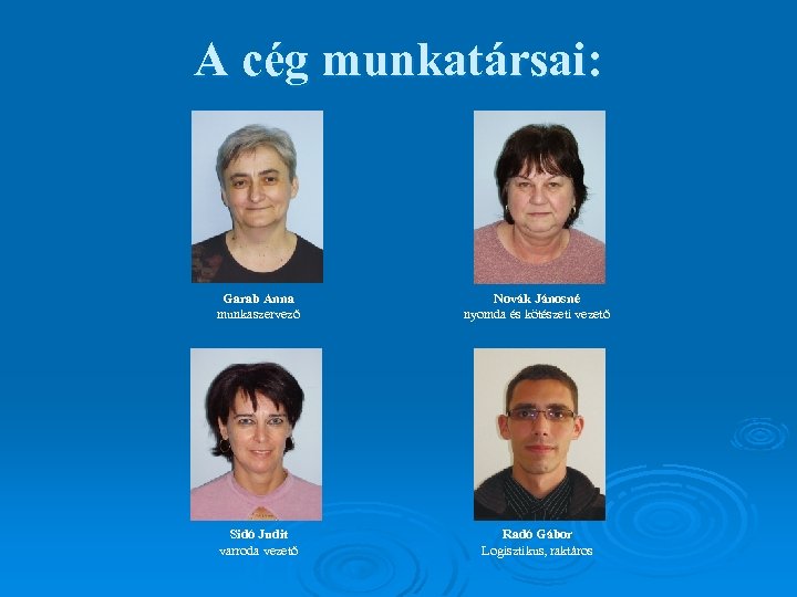 A cég munkatársai: Garab Anna munkaszervező Novák Jánosné nyomda és kötészeti vezető Sidó Judit
