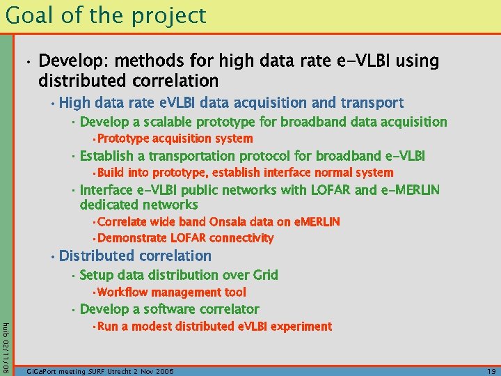 Goal of the project • Develop: methods for high data rate e-VLBI using distributed