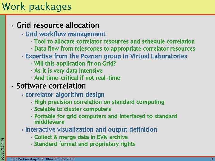 Work packages • Grid resource allocation • Grid workflow management • Tool to allocate