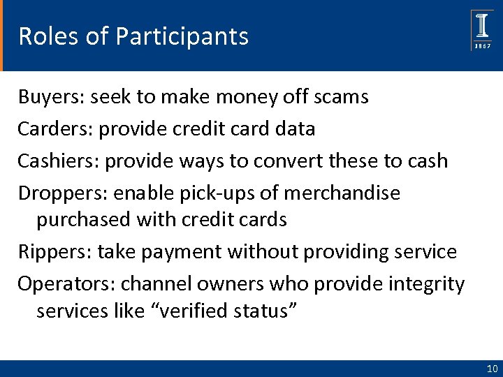 Roles of Participants Buyers: seek to make money off scams Carders: provide credit card