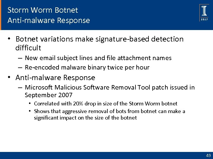Storm Worm Botnet Anti-malware Response • Botnet variations make signature-based detection difficult – New