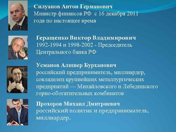 Силуанов Антон Германович Министр финансов РФ с 16 декабря 2011 года по настоящее время