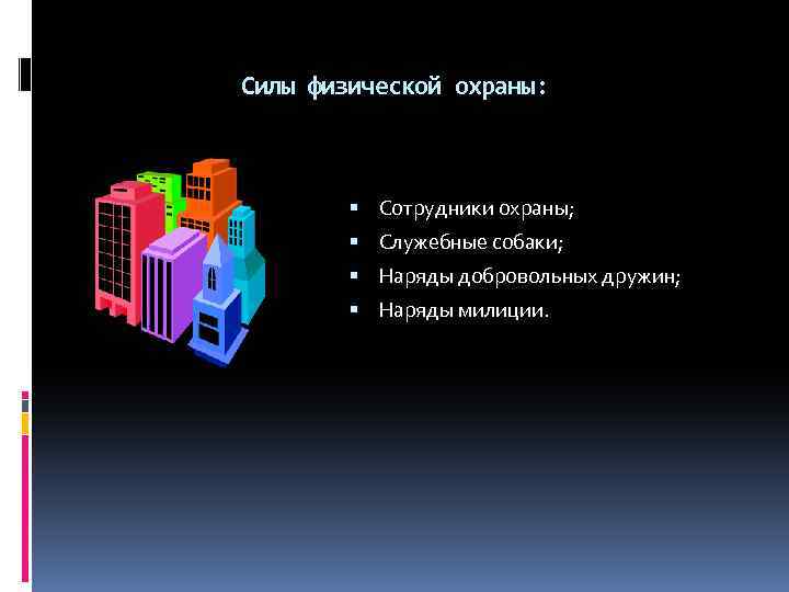 Силы физической охраны: Сотрудники охраны; Служебные собаки; Наряды добровольных дружин; Наряды милиции. 
