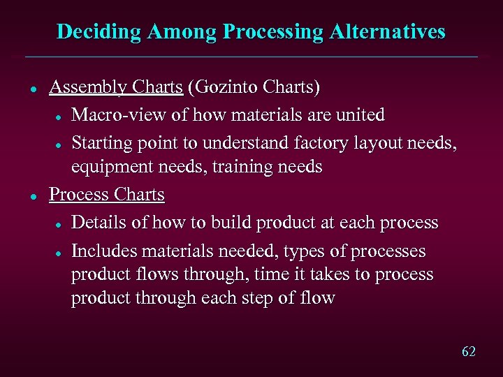 Deciding Among Processing Alternatives l l Assembly Charts (Gozinto Charts) l Macro-view of how