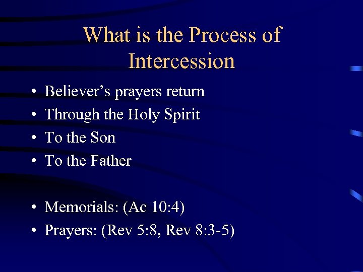 What is the Process of Intercession • • Believer’s prayers return Through the Holy