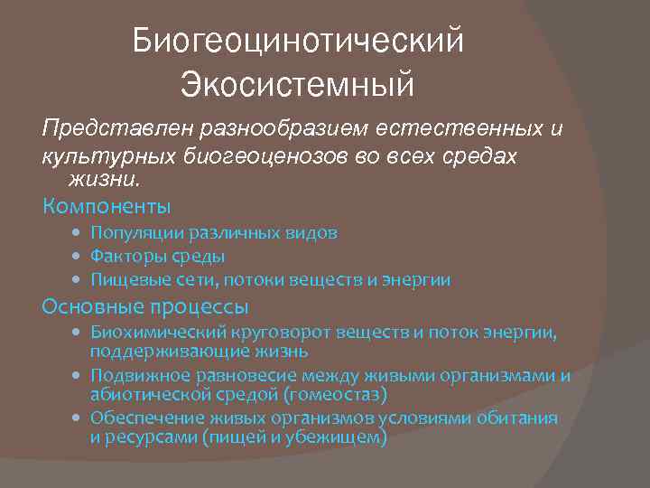 Биогеоцинотический Экосистемный Представлен разнообразием естественных и культурных биогеоценозов во всех средах жизни. Компоненты Популяции