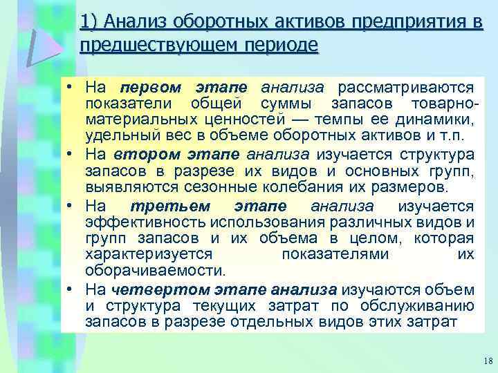 1) Анализ оборотных активов предприятия в предшествующем периоде • На первом этапе анализа рассматриваются