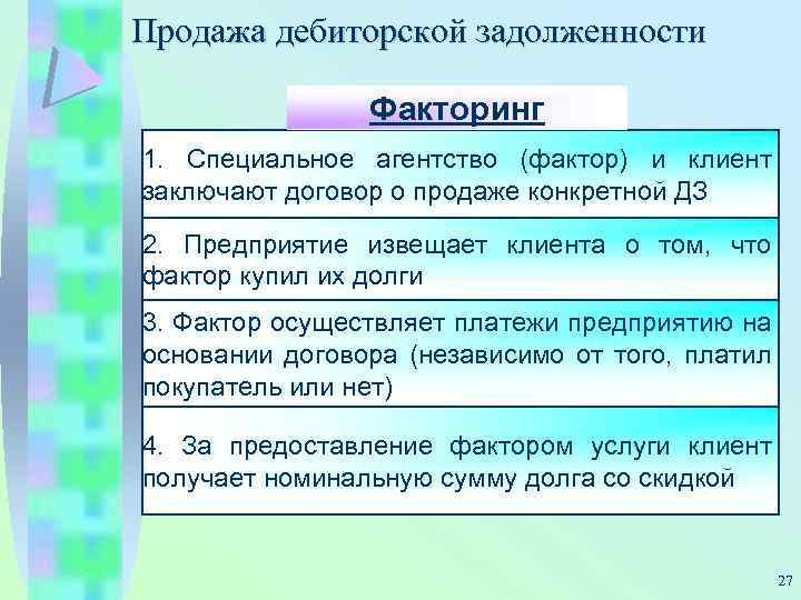 Продажа дебиторской задолженности Факторинг 1. Специальное агентство (фактор) и клиент заключают договор о продаже