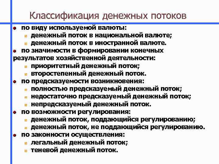 Классификация денежных потоков по виду используемой валюты: денежный поток в национальной валюте; денежный поток