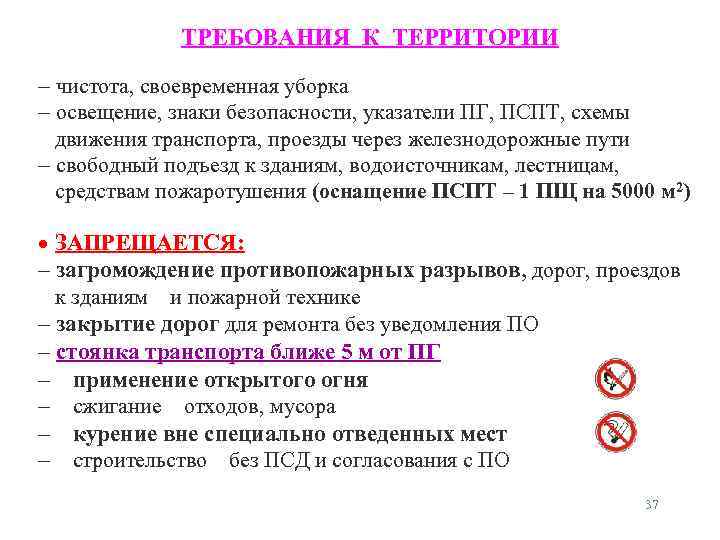 ТРЕБОВАНИЯ К ТЕРРИТОРИИ - чистота, своевременная уборка - освещение, знаки безопасности, указатели ПГ, ПСПТ,