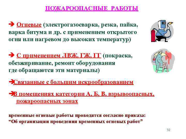 ПОЖАРООПАСНЫЕ РАБОТЫ Огневые (электрогазосварка, резка, пайка, варка битума и др. с применением открытого огня