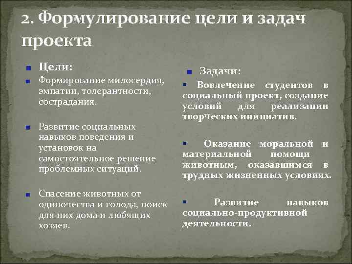 2. Формулирование цели и задач проекта Цели: Формирование милосердия, эмпатии, толерантности, сострадания. Развитие социальных