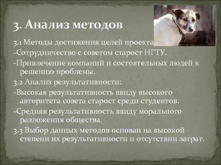 3. Анализ методов 3. 1 Методы достижения целей проекта: -Сотрудничество с советом старост НГТУ.