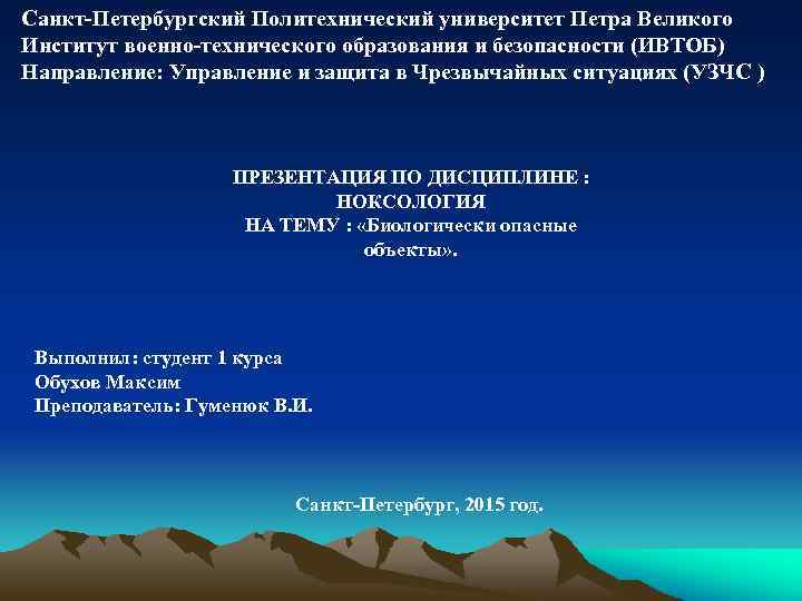 Санкт-Петербургский Политехнический университет Петра Великого Институт военно-технического образования и безопасности (ИВТОБ) Направление: Управление и
