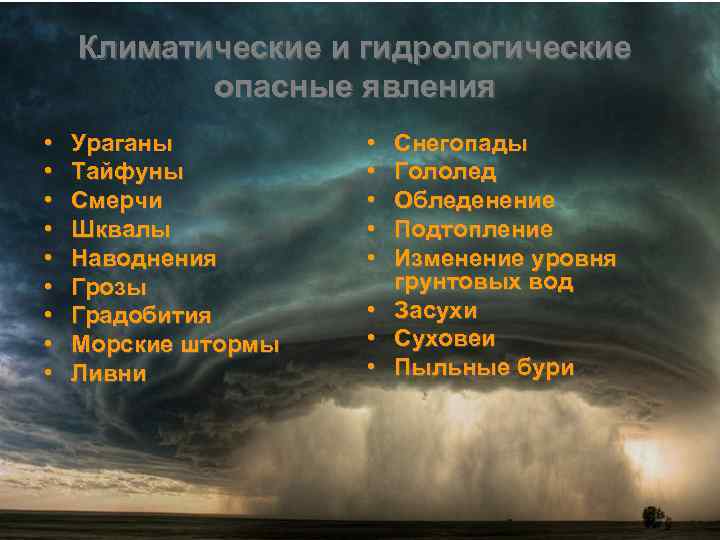 Климатические и гидрологические опасные явления • • • Ураганы Тайфуны Смерчи Шквалы Наводнения Грозы