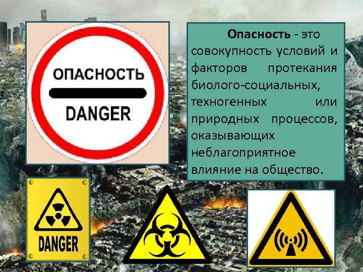 Опасность - это совокупность условий и факторов протекания биолого-социальных, техногенных или природных процессов, оказывающих