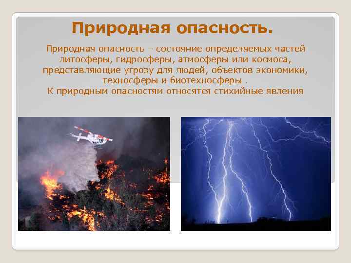 Природная опасность – состояние определяемых частей литосферы, гидросферы, атмосферы или космоса, представляющие угрозу для