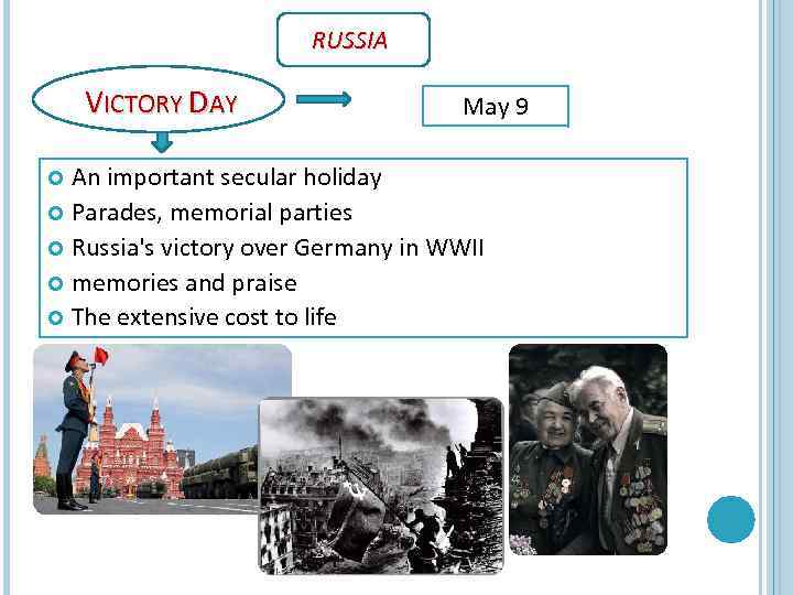 RUSSIA VICTORY DAY May 9 An important secular holiday Parades, memorial parties Russia's victory