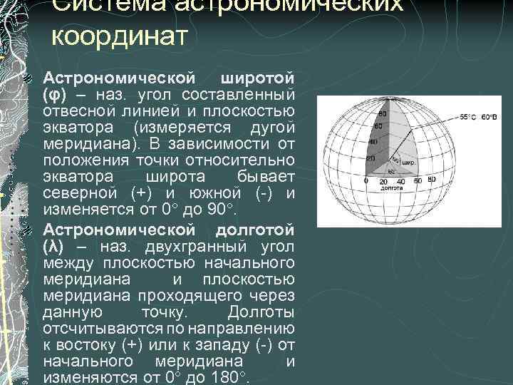 Система астрономических координат Астрономической широтой (φ) – наз. угол составленный отвесной линией и плоскостью