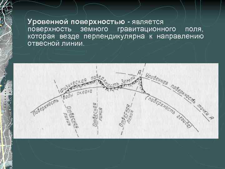 Уровенной поверхностью - является поверхность земного гравитационного поля, которая везде перпендикулярна к направлению отвесной