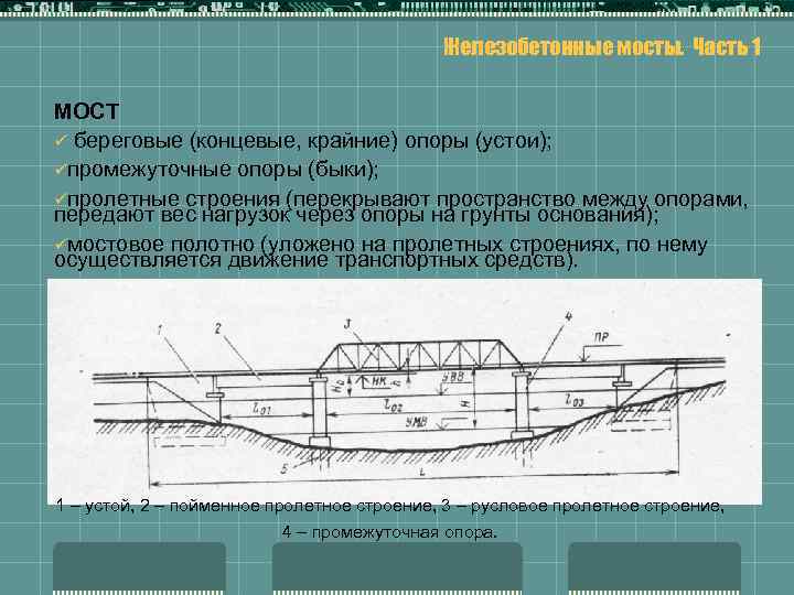 Железобетонные мосты. Часть 1 МОСТ ü береговые (концевые, крайние) опоры (устои); üпромежуточные опоры (быки);