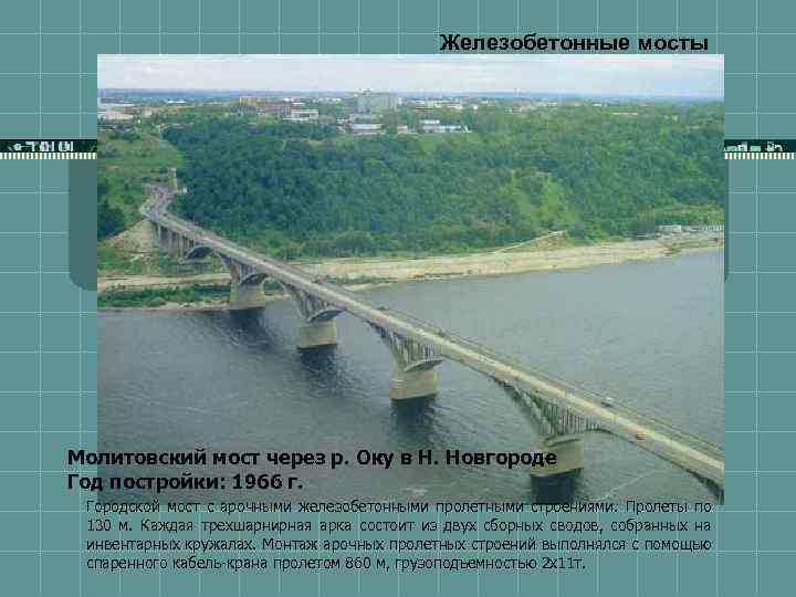 Железобетонные мосты Молитовский мост через р. Оку в Н. Новгороде Год постройки: 1966 г.