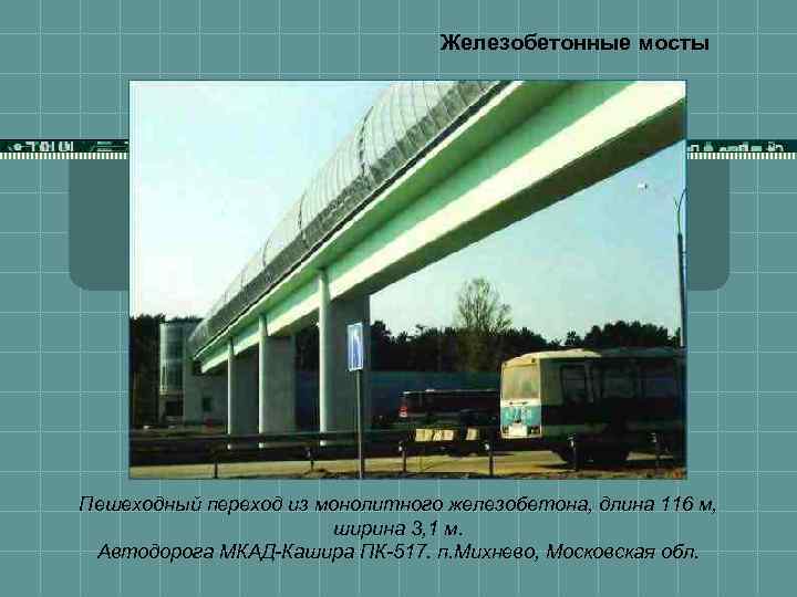 Железобетонные мосты Пешеходный переход из монолитного железобетона, длина 116 м, ширина 3, 1 м.