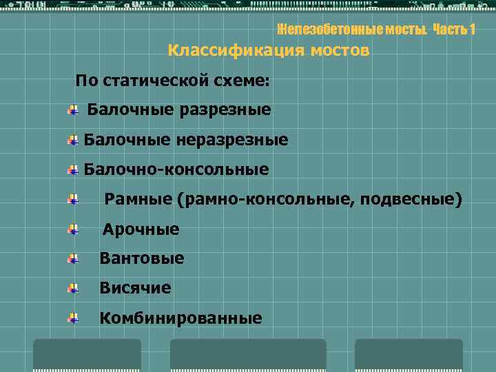 Железобетонные мосты. Часть 1 Классификация мостов По статической схеме: Балочные разрезные Балочные неразрезные Балочно-консольные