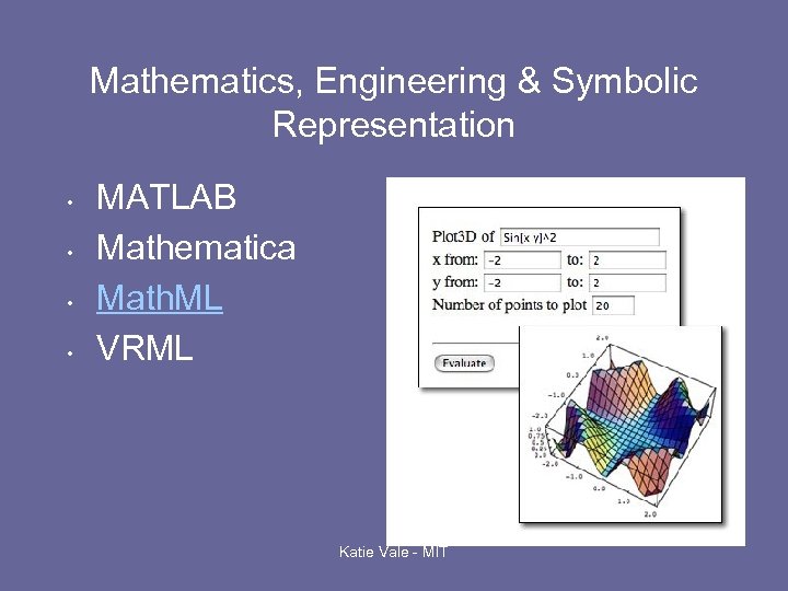 Mathematics, Engineering & Symbolic Representation • • MATLAB Mathematica Math. ML VRML Katie Vale