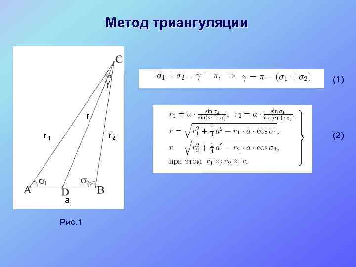 Метод триангуляции (1) r r 1 r 2 a Рис. 1 (2) 