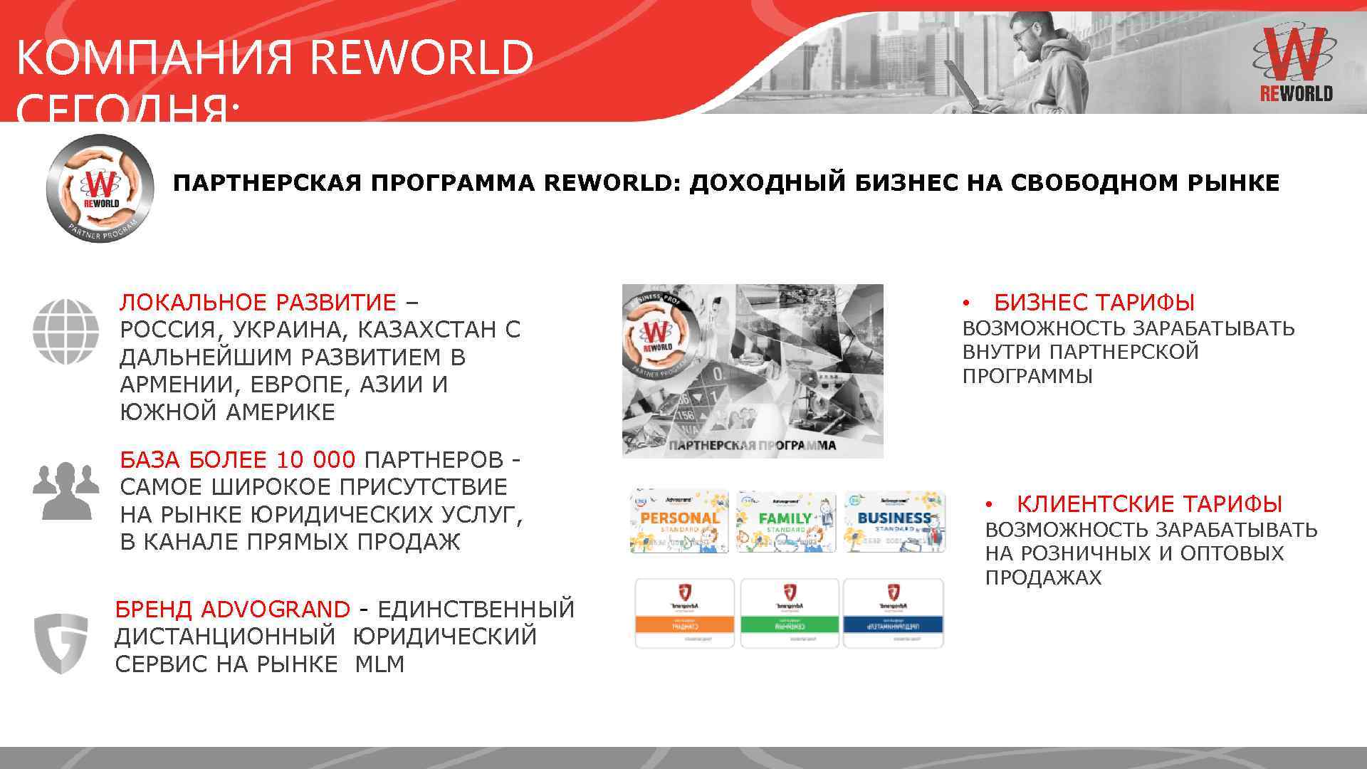 КОМПАНИЯ REWORLD СЕГОДНЯ: ПАРТНЕРСКАЯ ПРОГРАММА REWORLD: ДОХОДНЫЙ БИЗНЕС НА СВОБОДНОМ РЫНКЕ ЛОКАЛЬНОЕ РАЗВИТИЕ –
