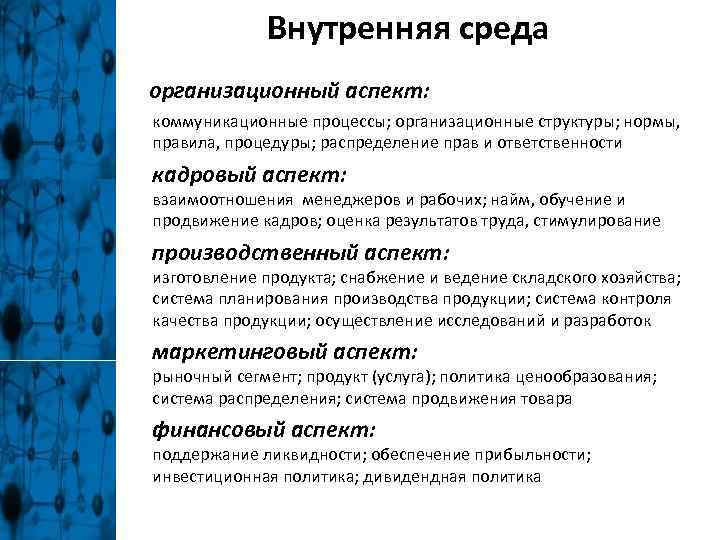 Внутренняя среда организационный аспект: коммуникационные процессы; организационные структуры; нормы, правила, процедуры; распределение прав и