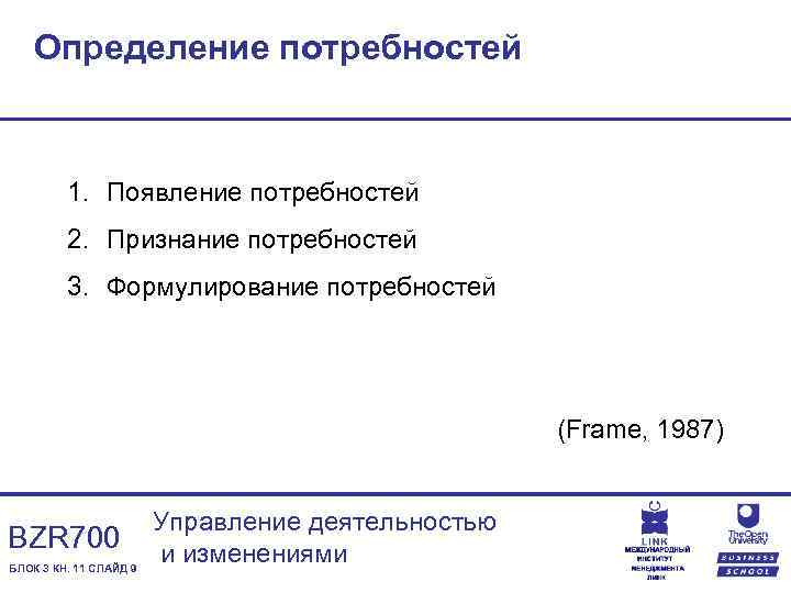 Определение потребностей 1. Появление потребностей 2. Признание потребностей 3. Формулирование потребностей (Frame, 1987) BZR
