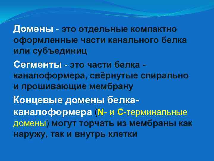 Домены - это отдельные компактно оформленные части канального белка или субъединиц Сегменты - это