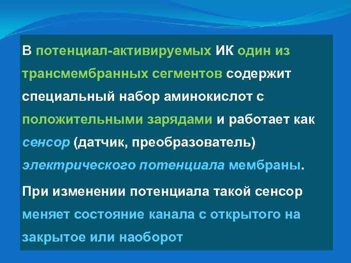 В потенциал-активируемых ИК один из потенциал-активируемых трансмембранных сегментов содержит трансмембранных сегментов специальный набор аминокислот